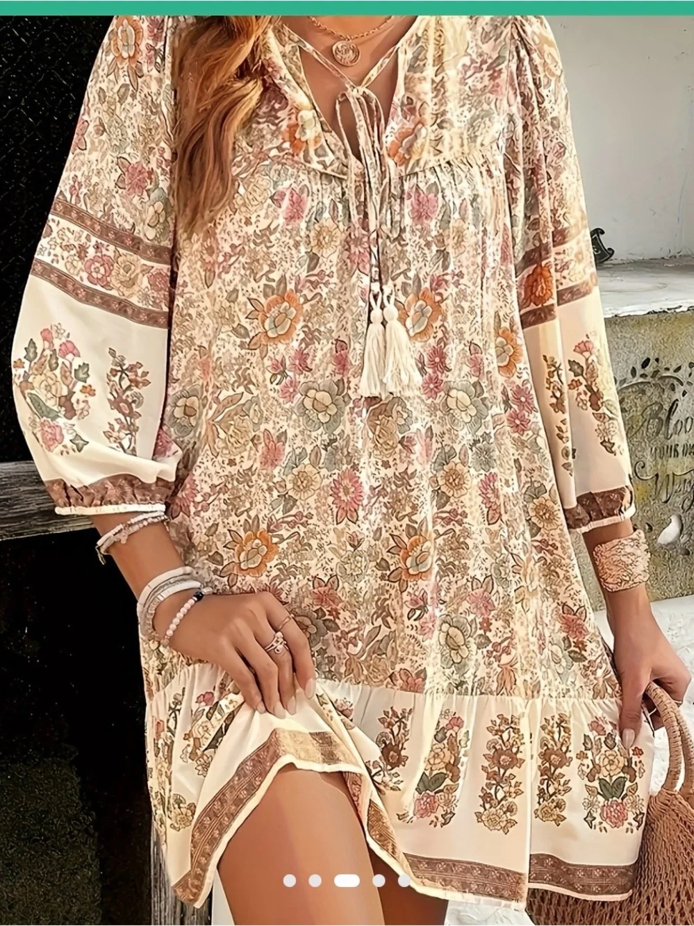Women’s Boho Floral Mini Dress Apricot XXL Long Sleeve Tassel Tie Ruffle - Picture 3 of 7